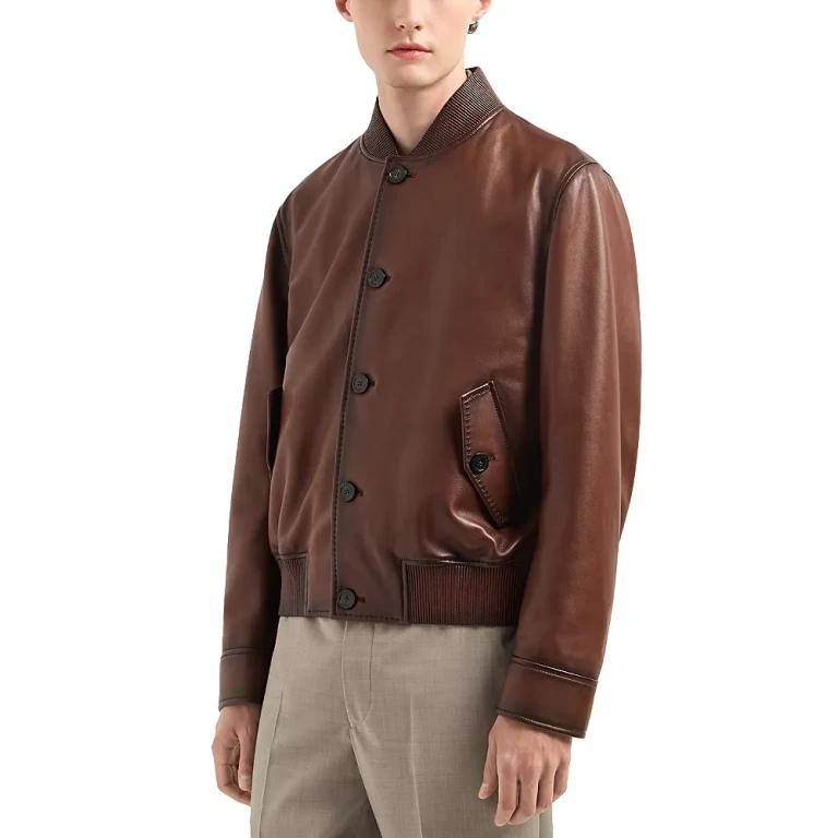 Emporio Armani Regular Fit Button Front Leather Bomber Jacket