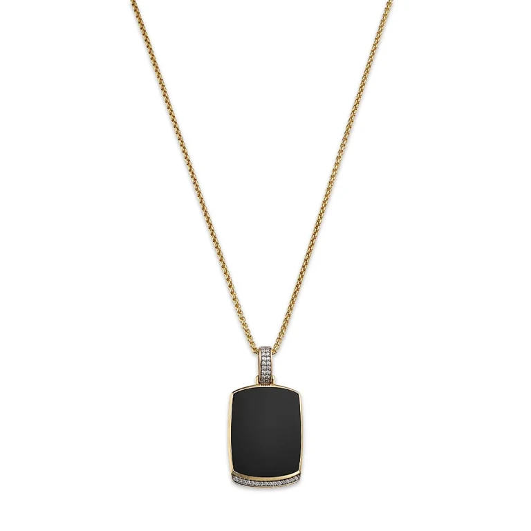 Men's Onyx & Diamond Dog Tag Pendant Necklace in 14K Yellow Gold, 22