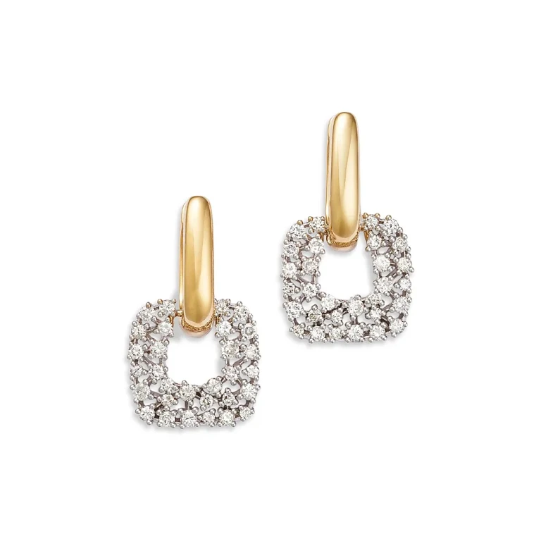 Diamond Door Knocker Drop Earrings in 14K White & Yellow Gold, 0.95 tcw