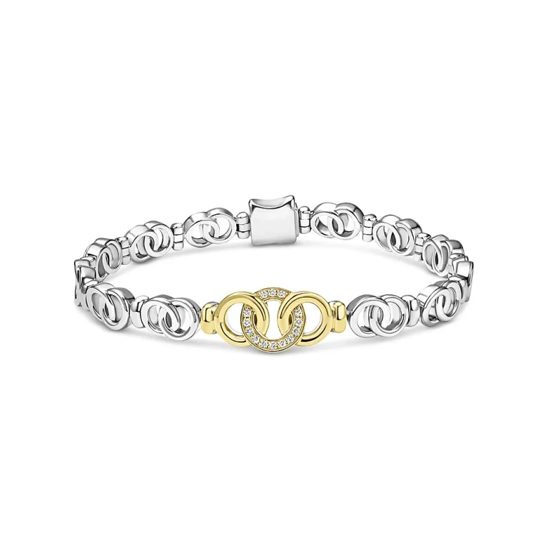 Lagos 18K Yellow Gold & Sterling Silver Signature Caviar Diamond Interlocking Ring Link Bracelet
