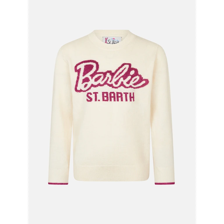 Mc2 Saint Barth Girl Crewneck White Sweater With Barbie Jacquard Special Edition