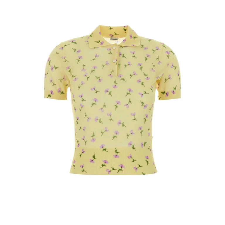 Printed Cotton Blend Polo Shirt Pastel Yellow Exterior: Nylon T-shirt - Women