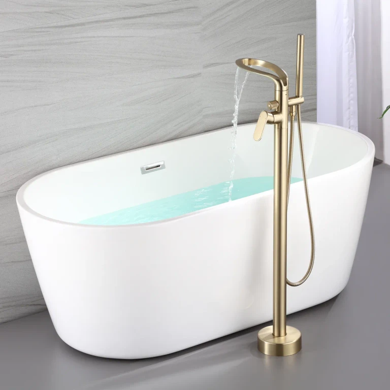 Brushed Gold Freestanding Tub Filler Faucet 360Â° Swivel Waterfall Spout Design with Hand Shower