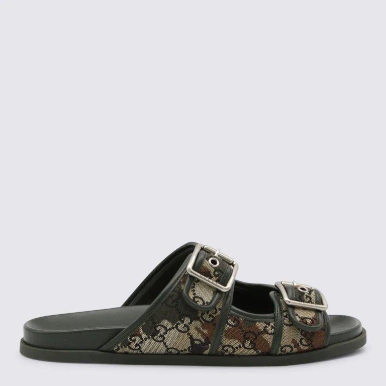 Leather and Cotton Sandals with Jacquard GG Monogram and Camouflage Pattern (831830FAFNO8467)