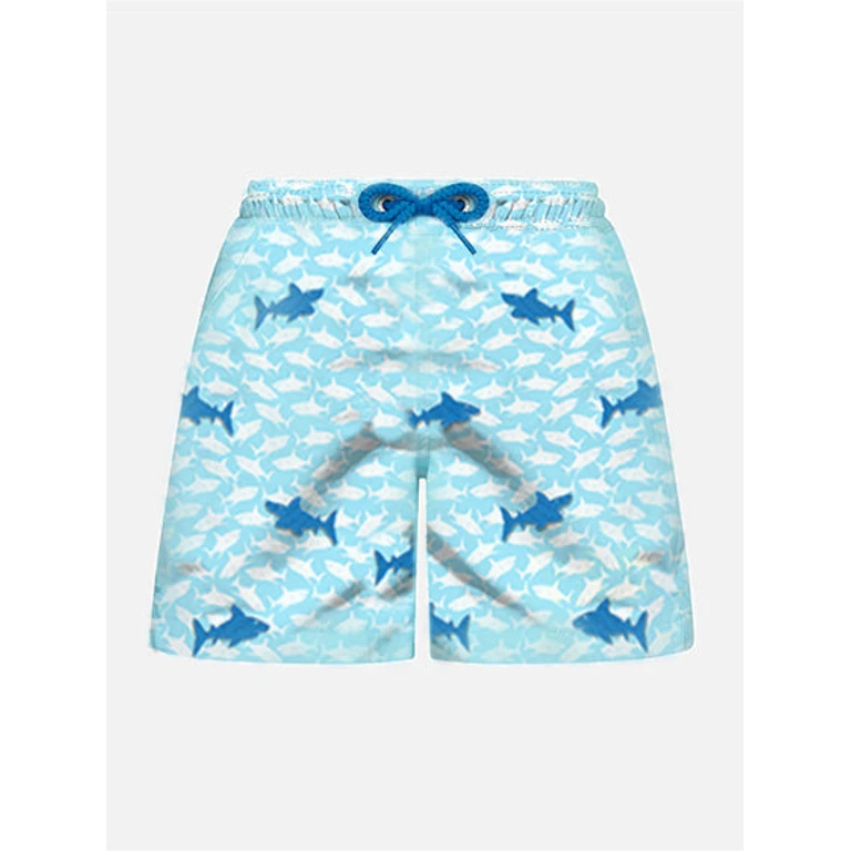 Mc2 Saint Barth Boy Swim Shorts With Embroidered Sharks Sky Swimshort