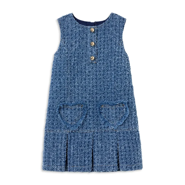 Self-Portrait Girls' Textured Denim Heart Trim Dress - Little Kid, Big Kid