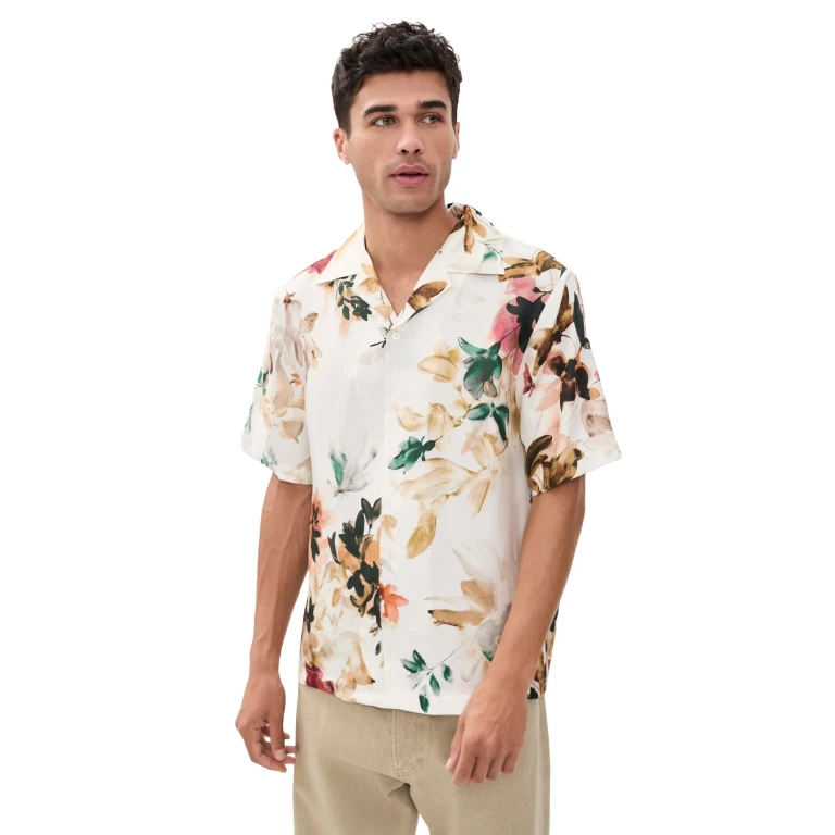 SIMKHAI Casper Printed Silk Shirt Ivory Watercolor Floral S