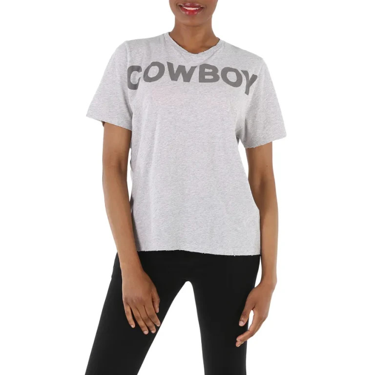 Ladies Grey Distressed Cowboy Print T-Shirt
