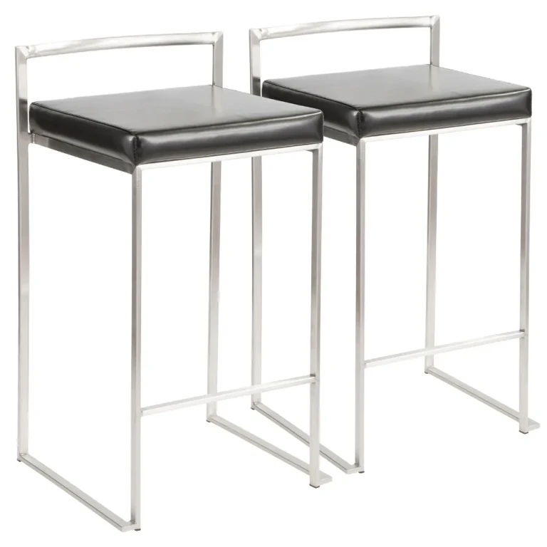 Fuji Low Back Stainless & Black Faux Leather Counter Stools, Set of 2