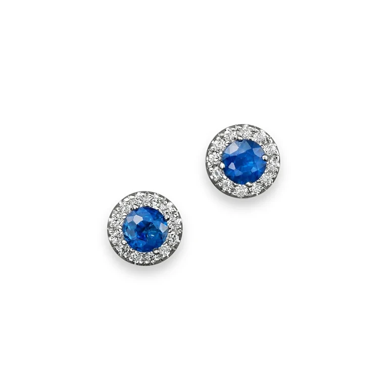 Blue Sapphire and Diamond Halo Stud Earrings in 14K White Gold