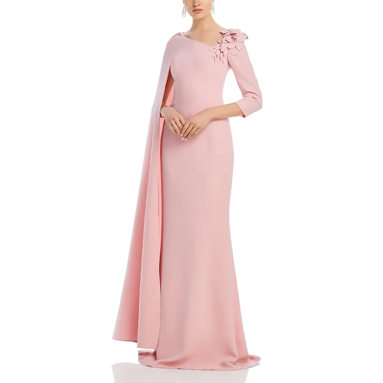 Teri Jon by Rickie Freeman Floral Applique Asymmetric Cape Gown