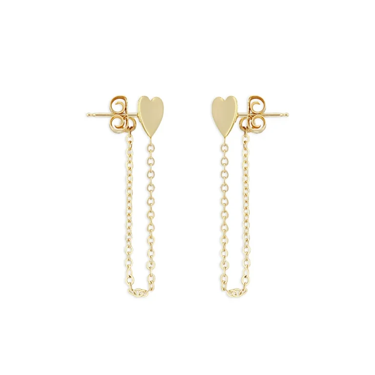 14K Yellow Gold Heart Chain Drop Earrings