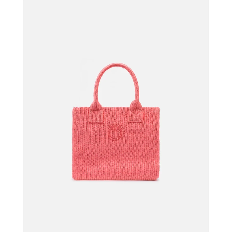 Pinko - Cabas moyen Beach en raphia à logo et pompons