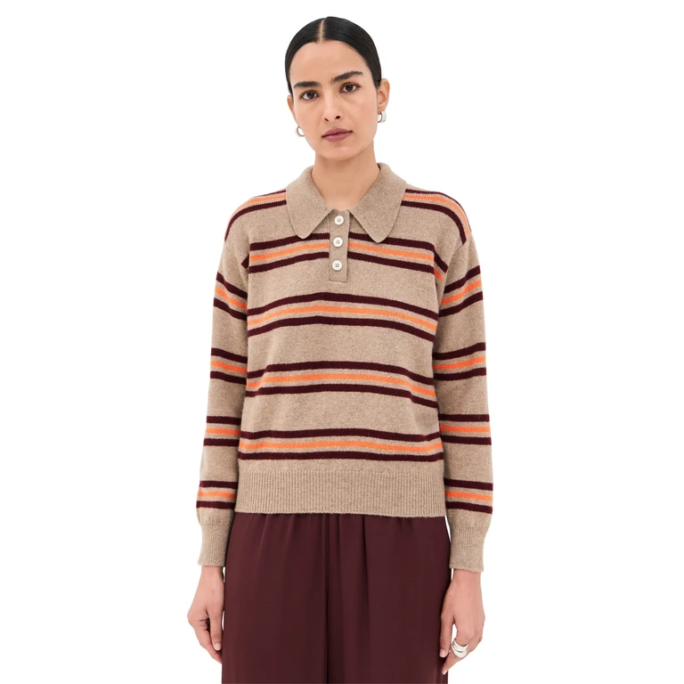 &Daughter Edith Stripe Polo Sweater Dark Natural Stripe XS