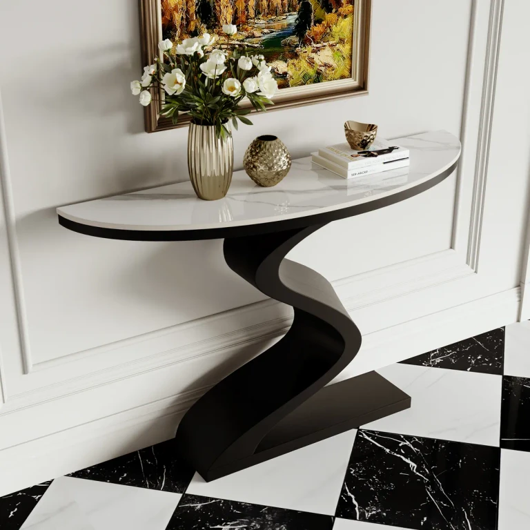 Curved Console Table with Sintered Stone Top Half Moon Shape Entryway Furniture in White & Gold (39.4" Wide)