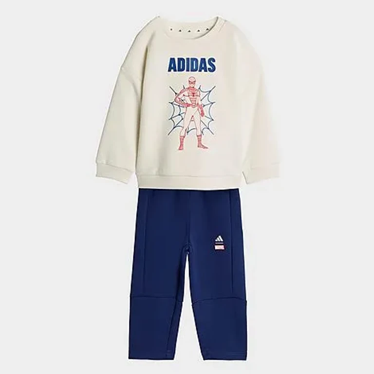 adidas Infant and Toddler x Spider-Man Crewneck Sweatshirt and Jogger Pants Set in Off White/Dark Blue Size: 12M