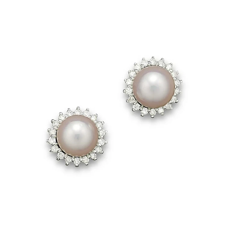 Cultured Akoya Pearl Stud Earrings with Diamonds in 14K White Gold, 6.5mm
