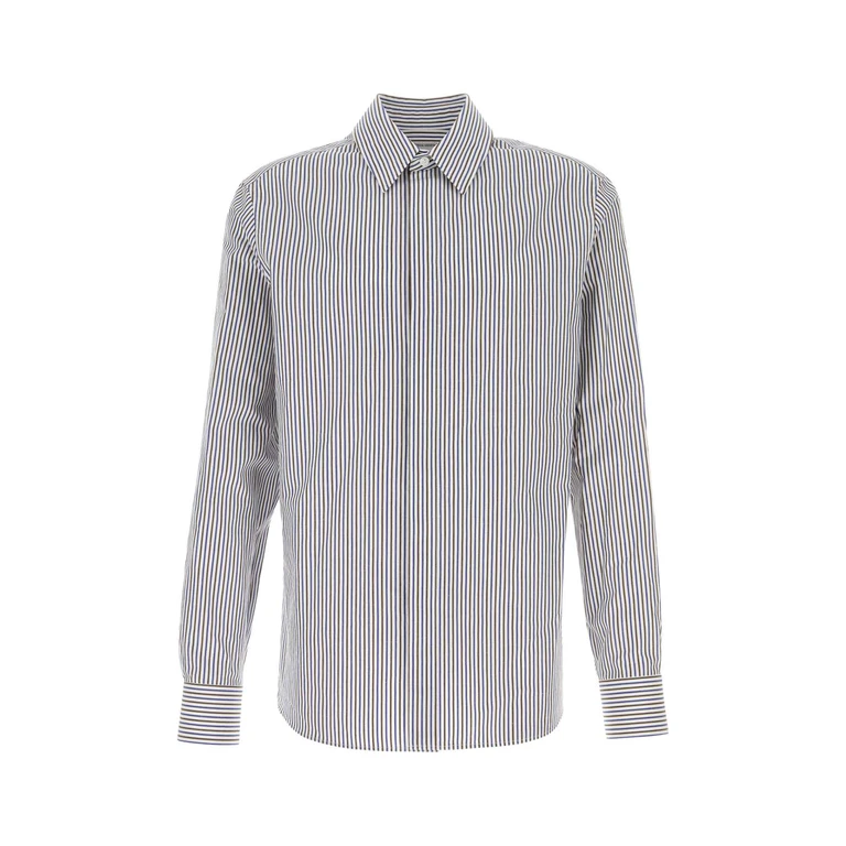 Bottega Veneta Embroidered Cotton Blend Shirt Bluered Exterior: Linen Camicie - Men