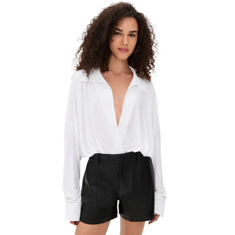 Norma Kamali Super Oversized Boyfriend Neck Shirt Bodysuit Snow White M