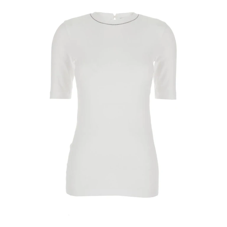 Brunello Cucinelli T-shirt monile Crew Neck With Monile Detail On The Front In White Stretch Cotton For Women