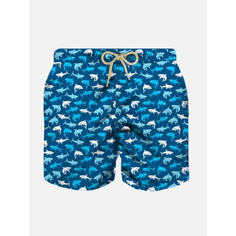 Mc2 Saint Barth Boy Light Fabric Swim Shorts With Multicolor Sharks Print Blue Swimshort