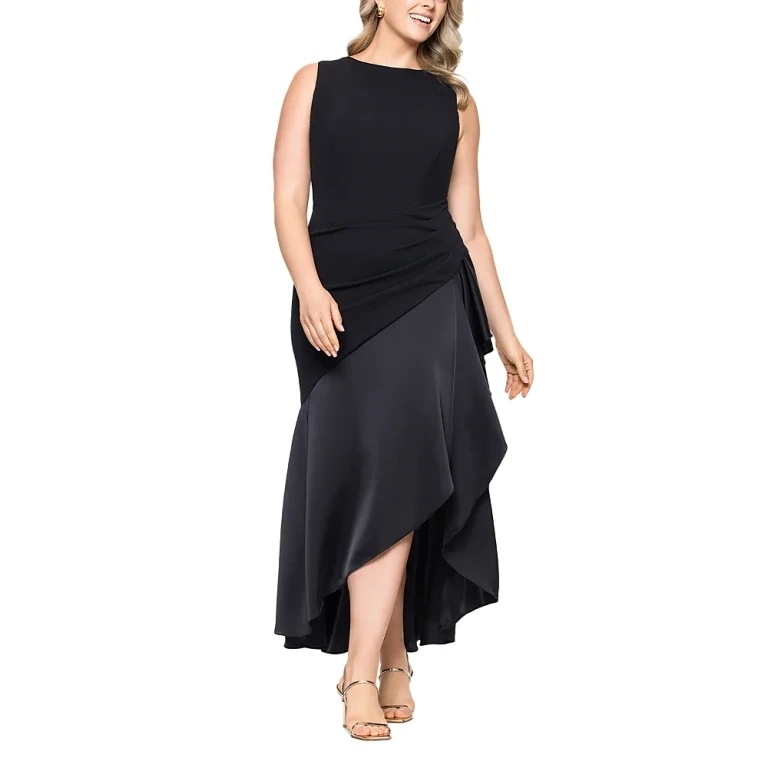 Betsy & Adam Plus Mixed Media Ruffle Gown
