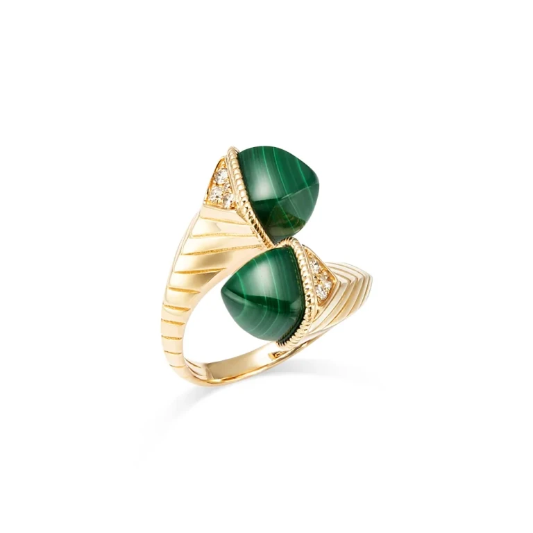 Malachite & Diamond Bypass Ring in 14K Yellow Gold