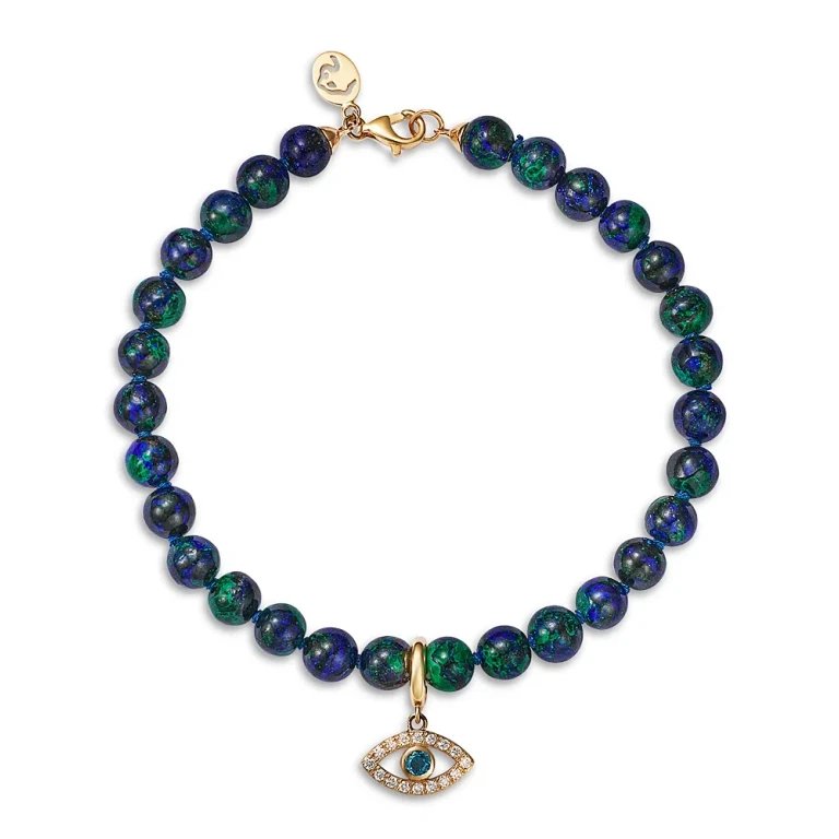 Azurate, Blue Topaz & Diamond Evil Eye Beaded Bracelet in 14K Yellow Gold
