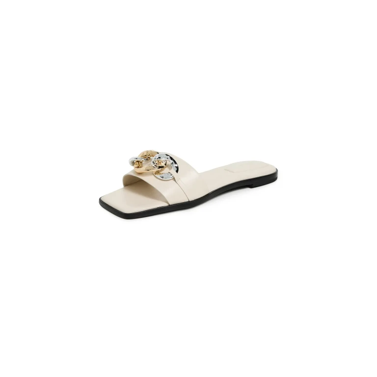 SIMKHAI Arlo Chain Leather Flat Slides Cream 39