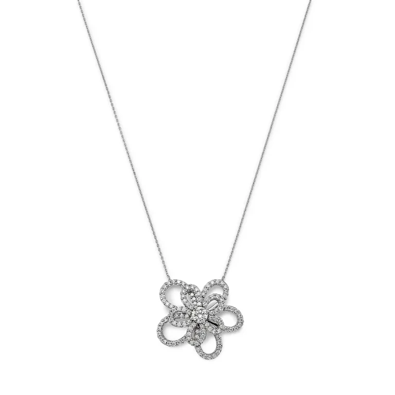 Diamond Micropave Flower Pendant Necklace in 14K White Gold, 1.0 tcw