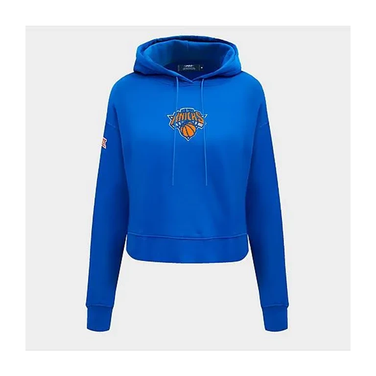 Pro Standard Women's New York Knicks NBA Classic Fleece Cropped Pullover Hoodie in Royal Blue Size: XS