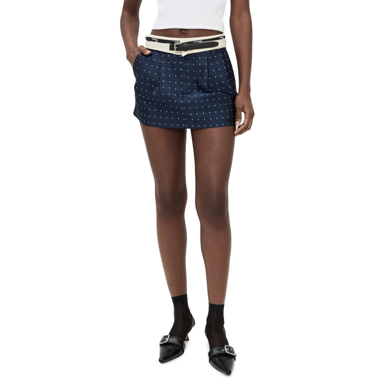 HOMMEGIRLS Flip Waist Mini Skirt with Belt Navy Polka Dot 44