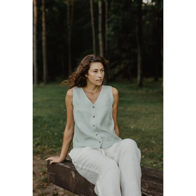 Tunis linen button vest top in Sage Green