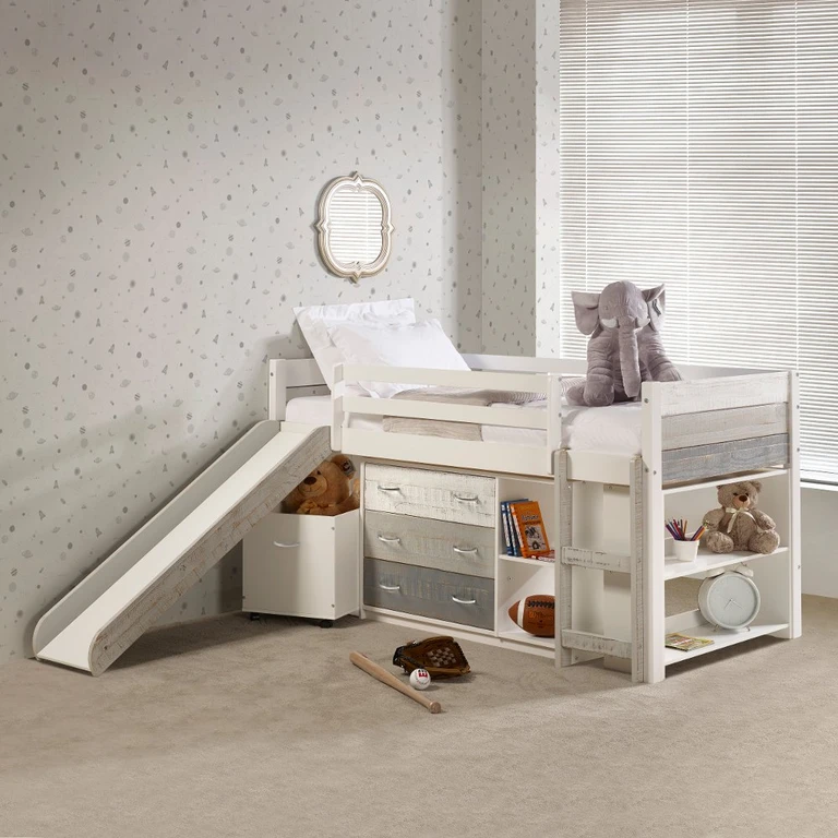 Bristol Twin Gray and White Loft Bed With Accessories