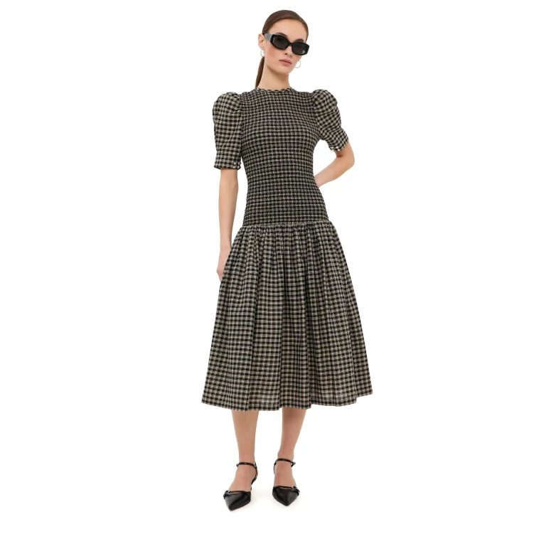 Tanner Fletcher Imelda Smocked Midi Dress Black Plaid XS