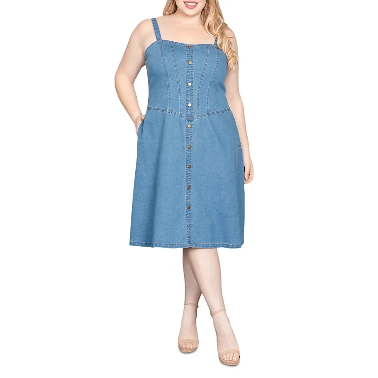 Wide Straps Button Front Denim Dress