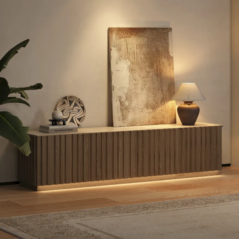 Aura 83" Mid-Century Modern Ash Wood Slatted Walnut TV Stand with Travertine Veneer Top