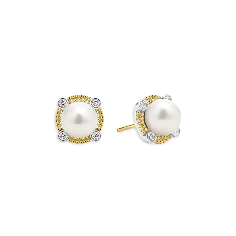 Lagos 18K Yellow Gold & Sterling Silver Luna Cultured Freshwater Pearl & Diamond Stud Earrings