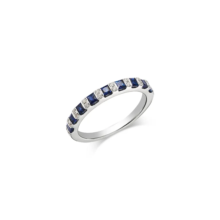 Blue Sapphire & Diamond Band Ring in 14K White Gold