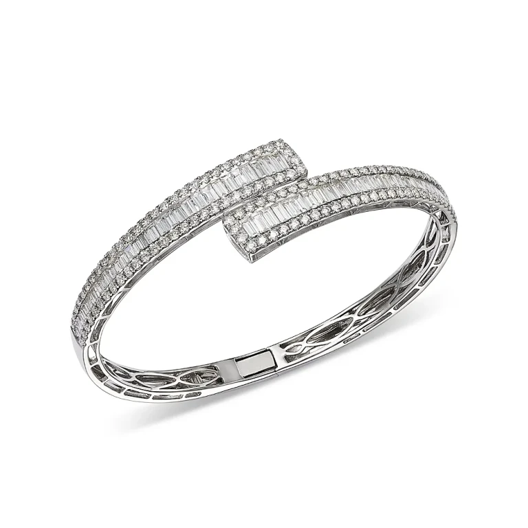 Diamond Baguette & Round Bypass Bangle Bracelet in 14K White Gold, 5.0 tcw