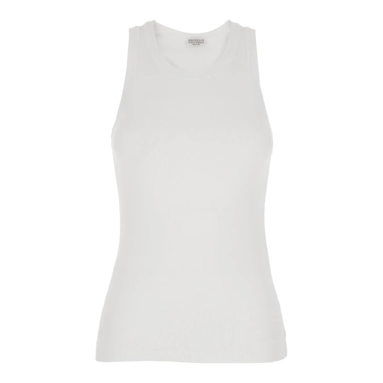 Brunello Cucinelli Crew Neck Top With Monile Detail On The Front In White Stretch Cotton For Women