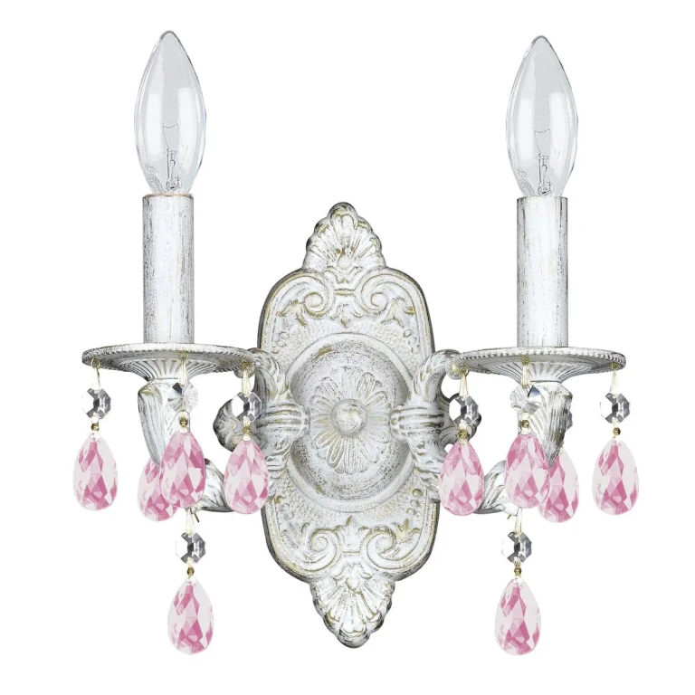 Paris Market 2-Light 12" Wall Sconce in Antique White with Rose Colored Hand Cut Crystals