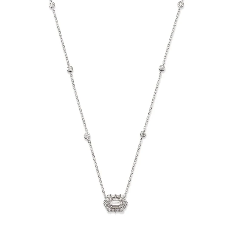 Diamond Baguette & Round Mosaic Pendant Necklace in 14K White Gold, 0.60 tcw