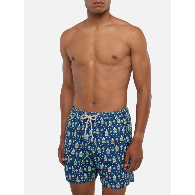 Mc2 Saint Barth Lightweight Fabric Swim Shorts Lighting With Portofino Gin Print Special Edition Blue Swimshort - Men