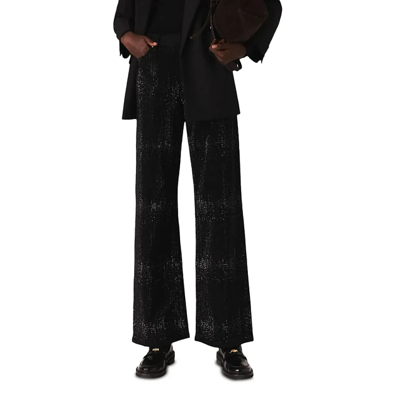 Maje Mid Rise Embellished Wide Leg Jeans in Black