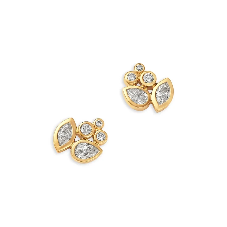 Diamond Mixed Cut Bezel Cluster Stud Earrings in 14K Yellow Gold, 0.78 tcw