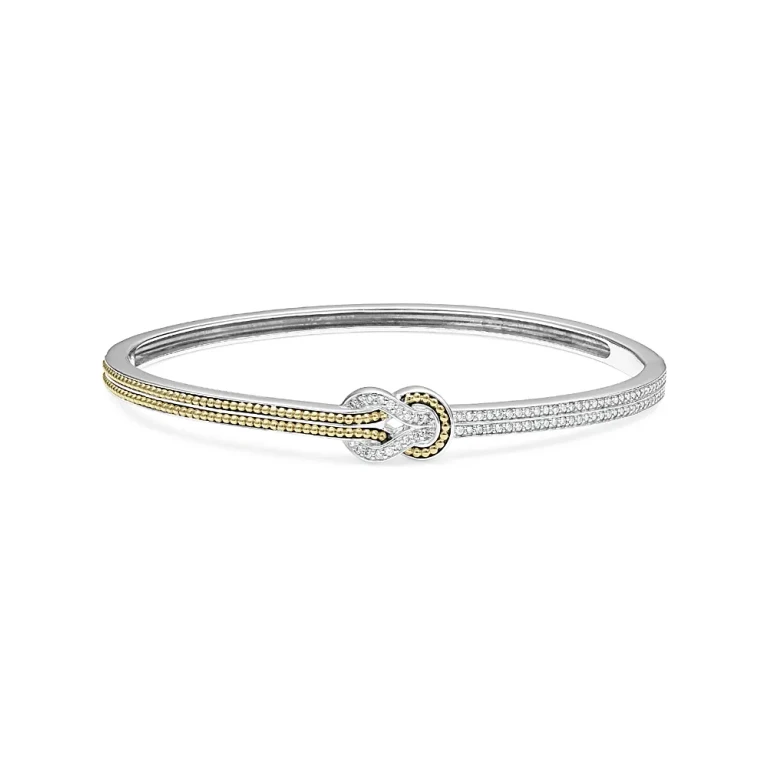 Lagos 18K Yellow Gold & Sterling Silver Newport Diamond Knot Hinged Bangle Bracelet
