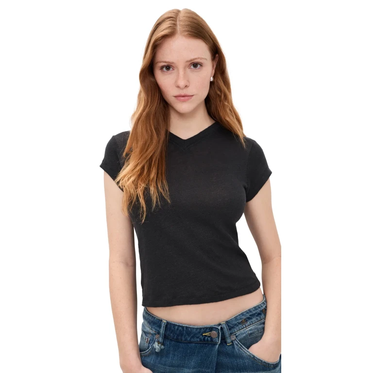 IRO Sybel Linen V Neck Tee Porcelain XS