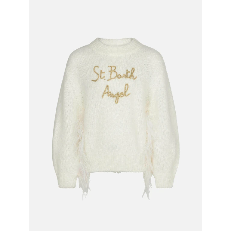 Mc2 Saint Barth Girl Brushed White Crewneck Sweater With Embroidery