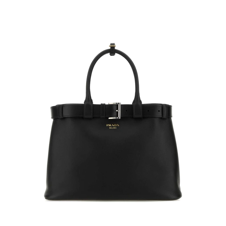Black Leather Prada Buckle Large Handbag Nero Vitello Borse A Mano - Women